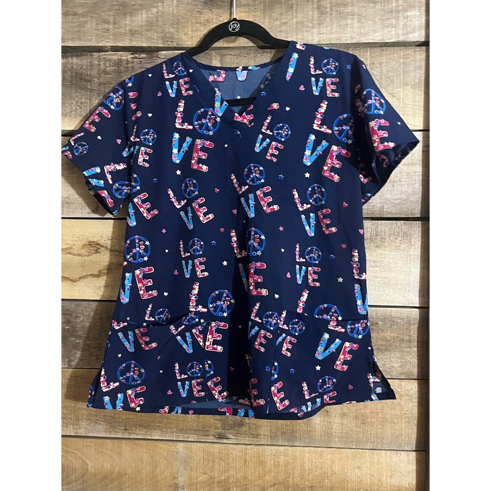 Navy Blue Love Peace‎ Sign Print V-Neck Scrub Top Womens Medium 605G-1486NV